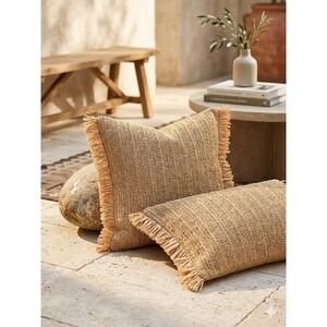 Patricia‎ Nash Set of 2 Tan Woven Straw Fringe Lumbar Throw Pillow Covers Boho